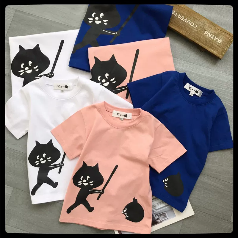 Parent child style! Japanese style surprise cat net summer new baseball short sleeved T-shirt family outfit