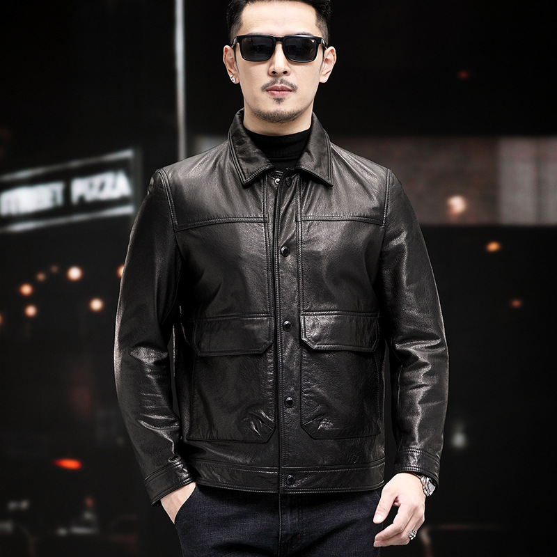 Haining Genuine Leather Top-Layer Calfskin High-End Lapel Casual Leather Jacket Middle-Aged Spring and Autumn Men's Jacket