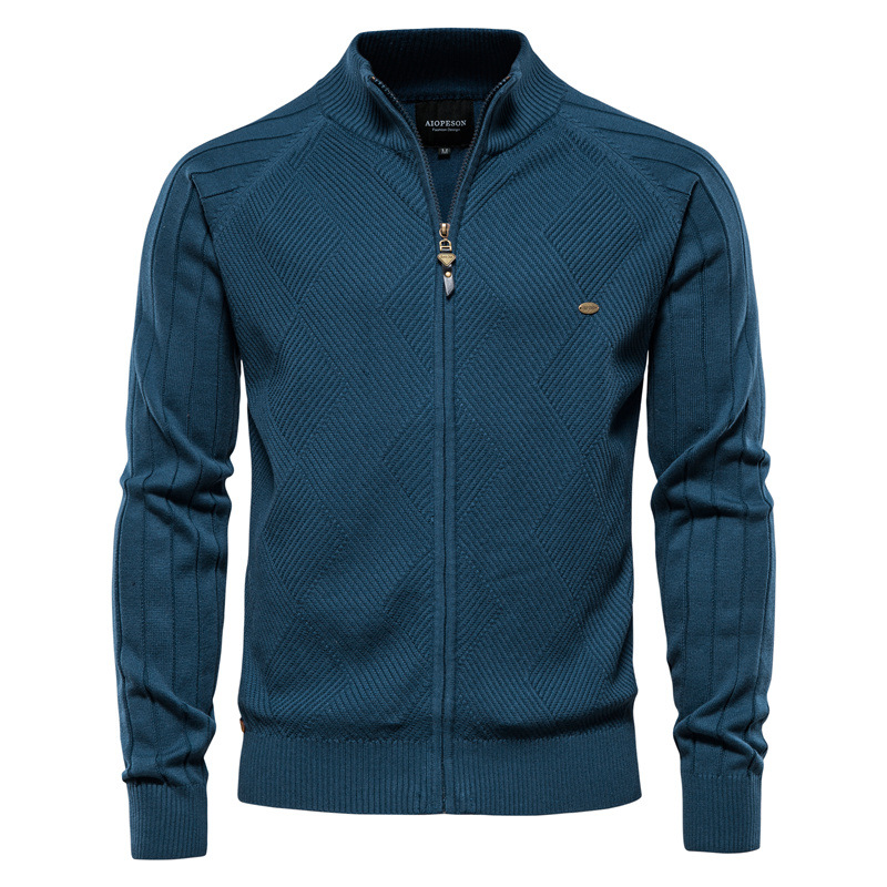 Men's Sweater Autumn Cardigan Jacket New Solid Color Lapel Jacquard High Collar Casual Knitwear Versatile