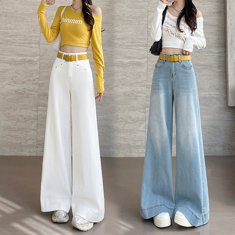 White High-Waisted Wide-Leg Flared Jeans for Women, New Spring and Autumn Style, Loose Fit, Slimming, Flattering, Drapey, Floor-Length Pants