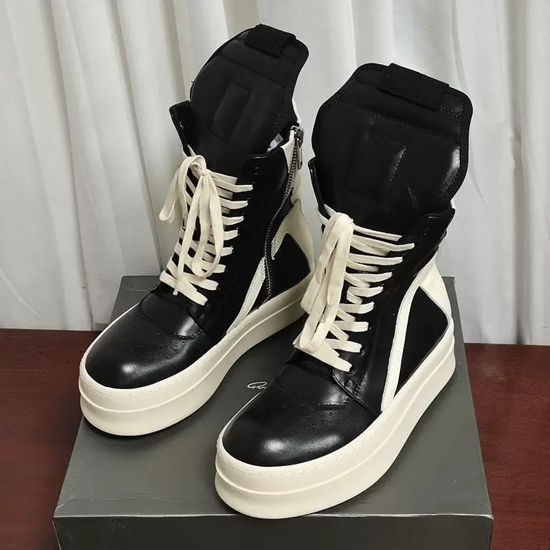 Ro Fashion Inverted Triangle 9-Hole High-Top Shoes for Men, Thick Soles and Heightening Genuine Leather Boots Short Boots for Women Rricowees