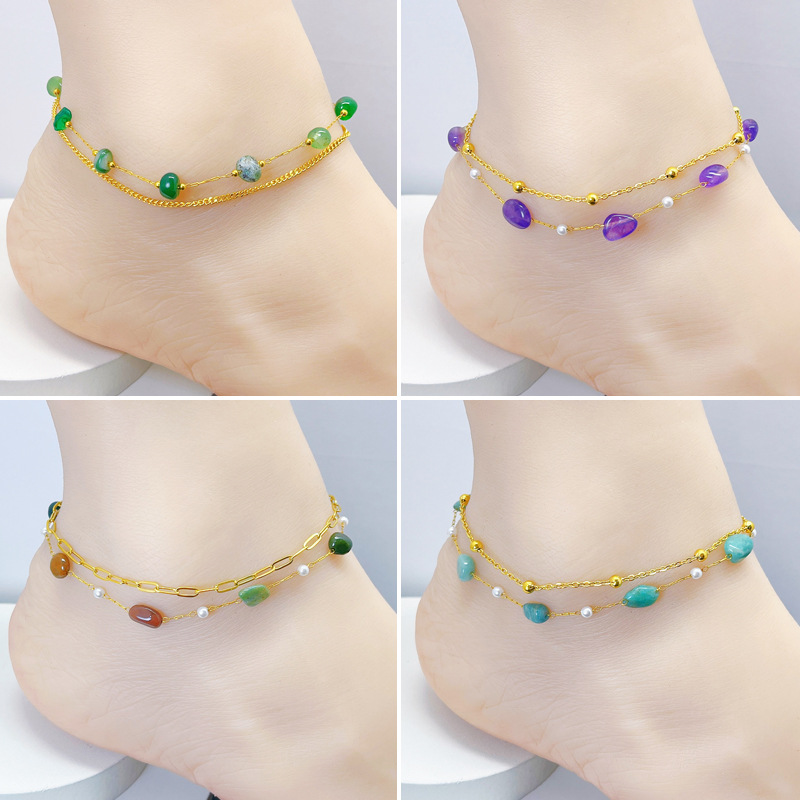 Cross-border trade color natural stone bohemian style beaded anklet handmade summer beach ins style anklet
