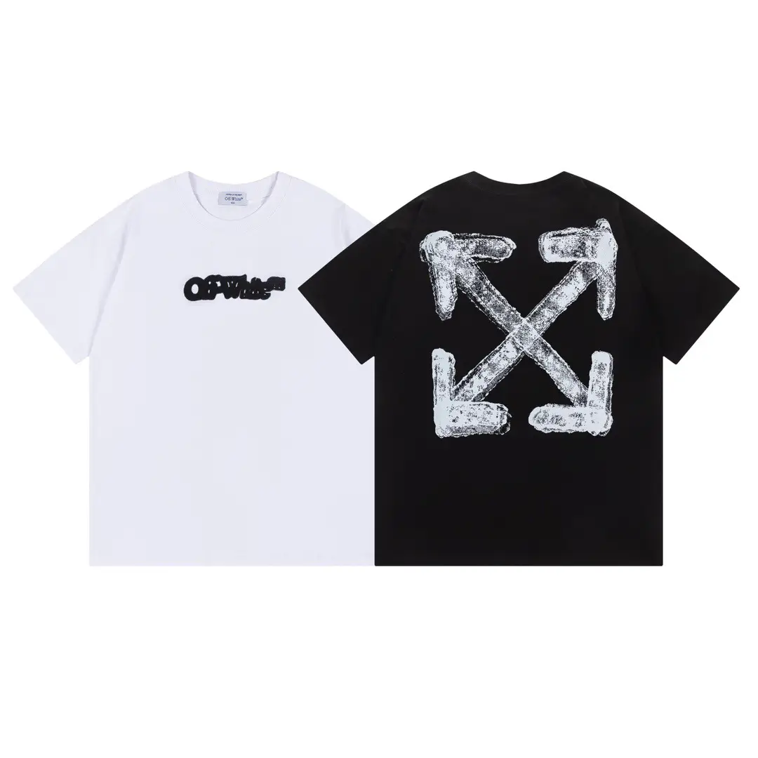 2025 Spring and Summer New Ow Fuzzy Logo Arrow Round Neck Pullover Short-Sleeved Men and Women Same Style One Piece Wholesale Delivery