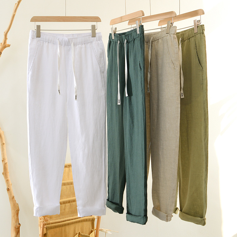 8236 summer new pure linen breathable tether trousers men's solid color simple casual pants men's a generation of hair