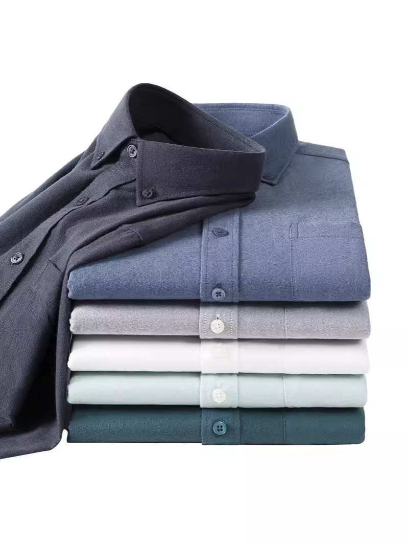 2024 Autumn and Winter New Cotton Sanding Long-sleeved Shirt Solid Color Buckle Collar Business Casual All-match Stacked Men's Shirt