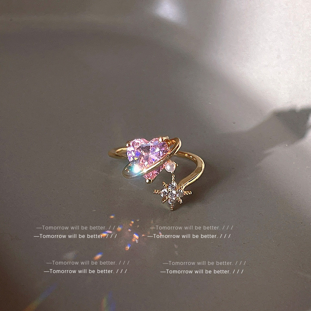 A Must-Have for Fairy!! Pink Heart Zircon Ring for Women, Accessible Luxury Ins Style Personalized Index Finger Ring with Adjustable Opening