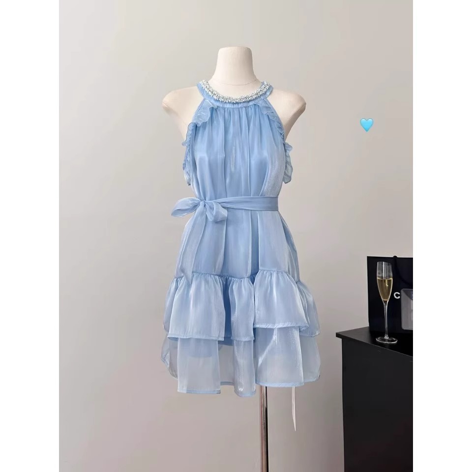 French Elegant High-end Exquisite Sleeveless Neck Hanging dress Chic Beautiful Fairy Dress Small Birthday Dress