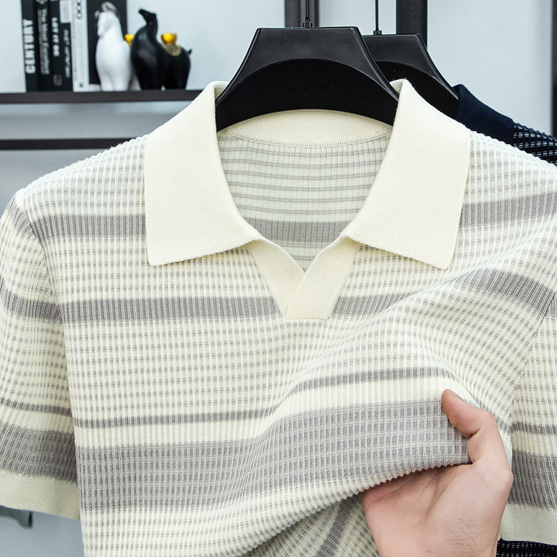 Short-Sleeved Men's T-Shirt in Old Money Style, Made of Wool and Mulberry Silk, Loose and Breathable, with Stripes, Offering a Light Luxury and High-End Feel, Men's Polo Shirt