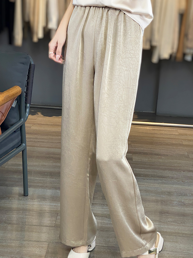2025 Summer New Acetate Satin Ruched Wide-Leg Pants for Women High-Waisted Drape Versatile Slimming Faux Silk Long Pants