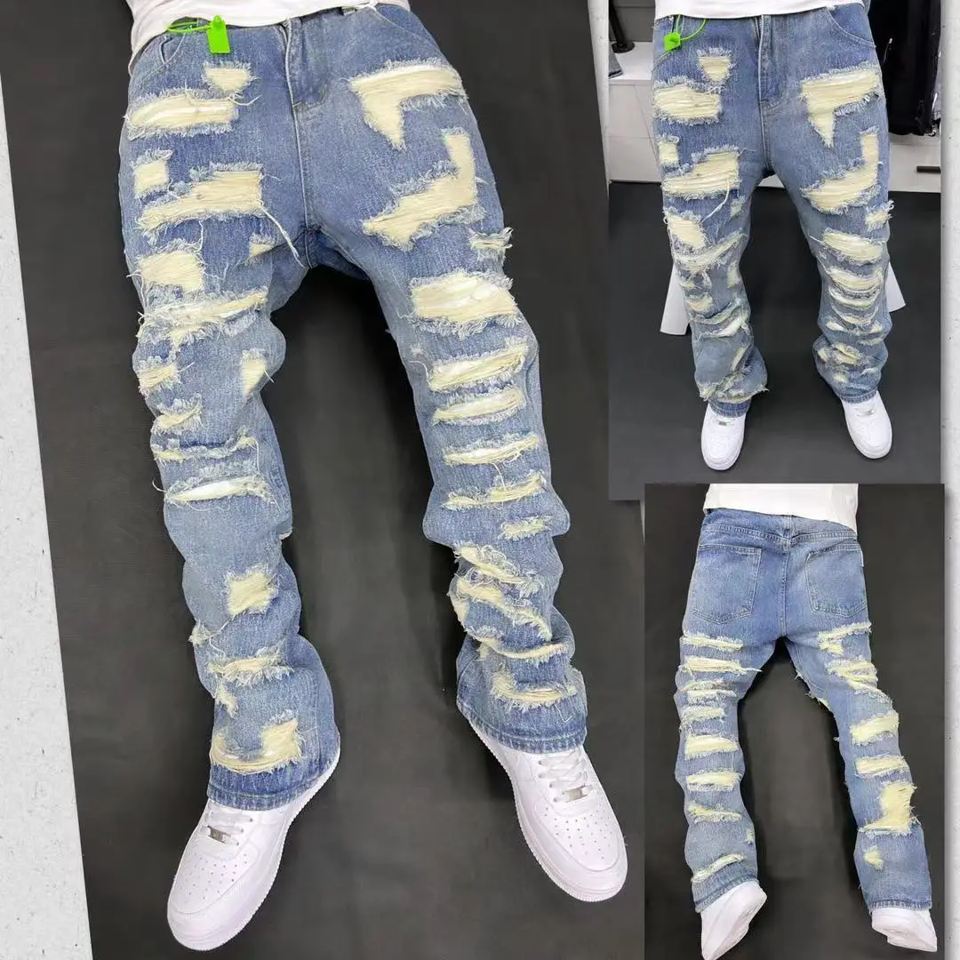 Foreign Trade American Style Retro Heavy Industry Destruction Erosion Patch Design Sense Jeans High Street Ripped cleanfit Pants