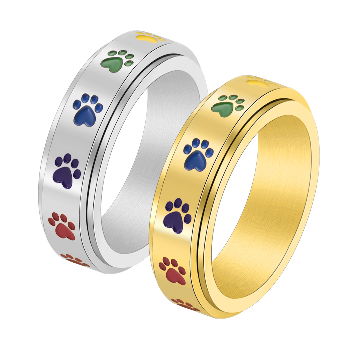 European and American foreign trade supply sweet rainbow stainless steel rotatable ring Women's dog printed six-color ring jewelry wholesale