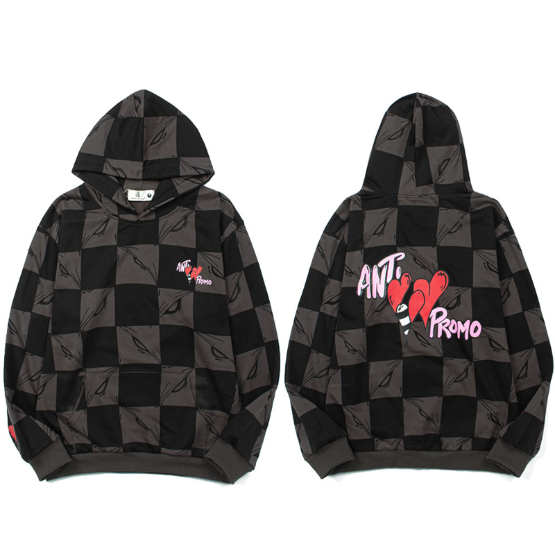 2025 Cross-Border American High Street Black and Gray Checkerboard Heart Hooded Sweatshirt for Men and Women Trendyy Casual Loose Hoodie