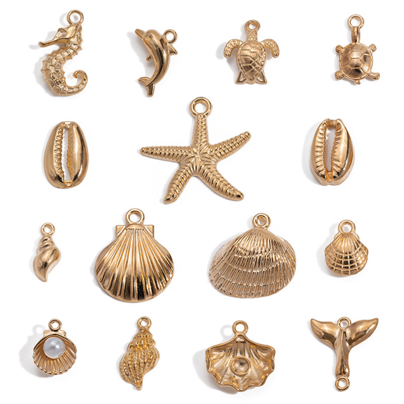 15 Types of Cross-Border Best-Selling Kc Gold DIY Alloy Jewelry Accessories, Ocean Animal Shell, Starfish, Dolphin, Turtle Pendants