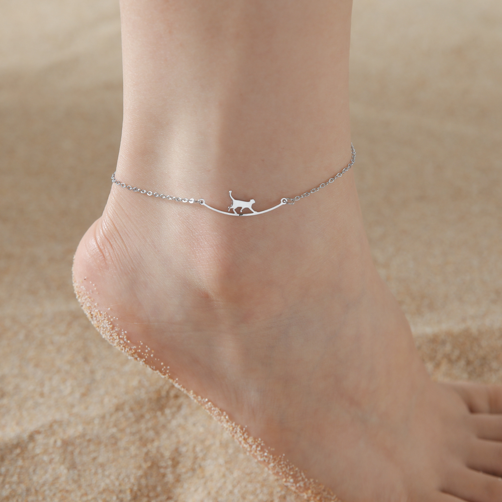 Foreign trade hot-selling walking cat anklet women stainless steel simple anklet South Korea fashion summer beach foot accessories wholesale