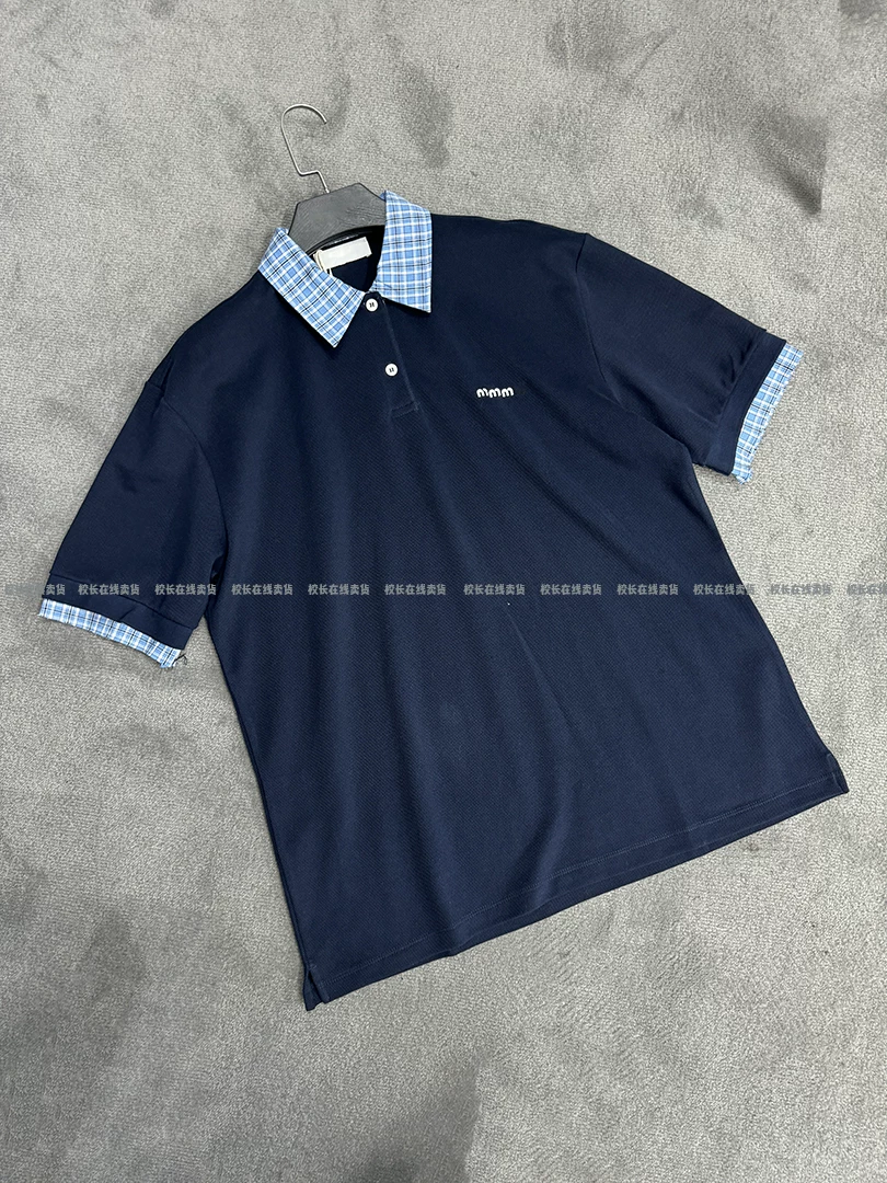Mu Style 24Ss Custom Woven and Dyed Fabric with Bailingda Embroidery, Plaid Patchwork, and a Turn-Down Collar Short-Sleeve Polo Shirt