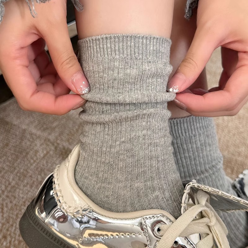 Grey Socks Women's Mid-tube Socks Spring and Autumn Pure Cotton Korean Style Long Barrel White Summer Thin Stacked Socks with Small Leather Shoes