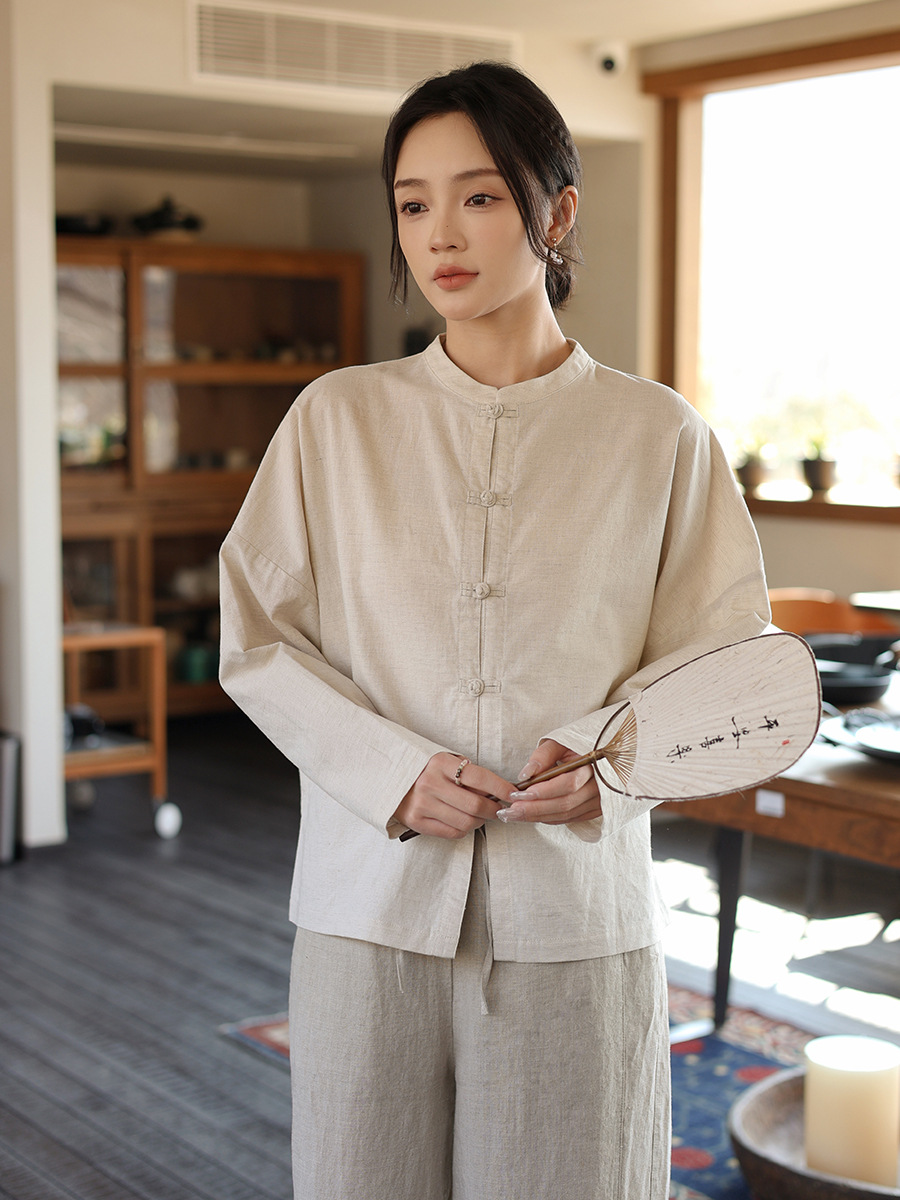 Deer and an Di Spring New Cotton and Linen Women's Clothing, New Chinese-Style Jacket, Chinese-Style Retro Linen Shirt, Loose Tea Dress