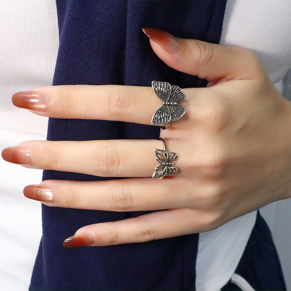 Ancient Cat Ning Vintage Thai Silver Finger Ring Women's Korean Style Personality Exaggerated Temperament Carved Hollow Butterfly Ring Opening