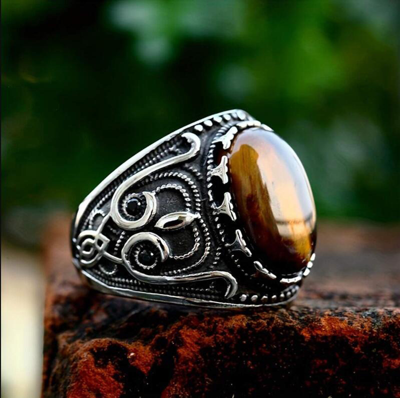 Cross-border retro domineering ethnic tiger eye owl totem ring personalized fashion punk ring bracelet