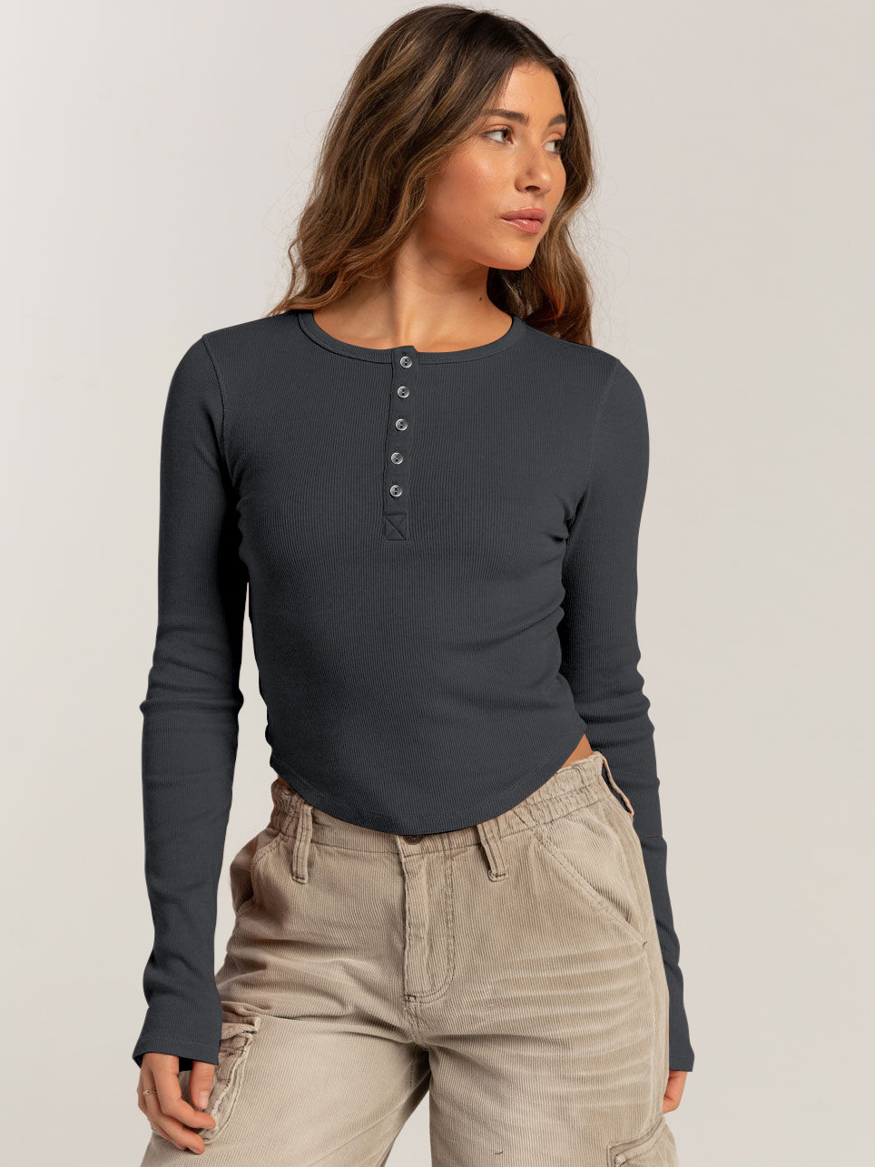 Y2K Solid Color Thin Rib Button Henley Collar T-Shirt Women's Slim Look Long Sleeve Knitted Shirt Hot Girl Top Women's Autumn Design Sense