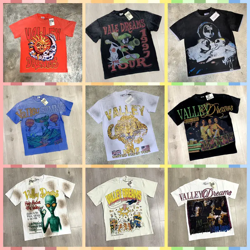 High Quality Valley Dreams Bling Tee Hot Diamond Washed and Distressed American Fashion Brand Short-Sleeved T-Shirt Cross-Border