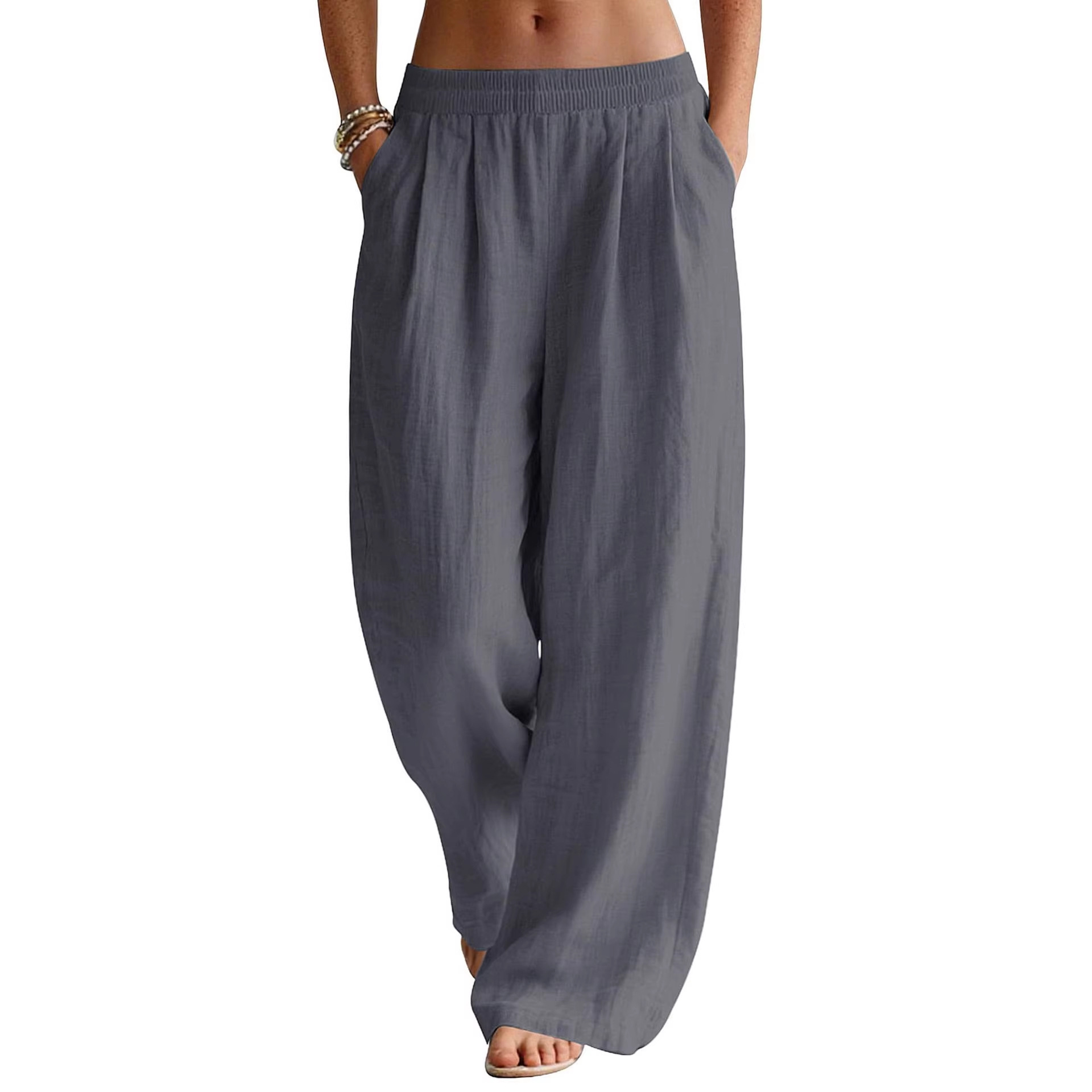 Cross-Border Women's Linen Wide-Leg Pants Summer Flowy Long Pants Beach Vacation Wear Elastic Waist Travel Pants with Pockets