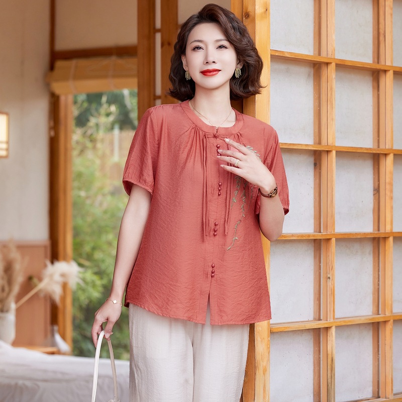 Mother's Day Summer Outfit for Mom, New Chinese Style National Style Shirt, Middle-Aged Women's Summer Fashion, Stylish and Age-Reducing Two-Piece Set
