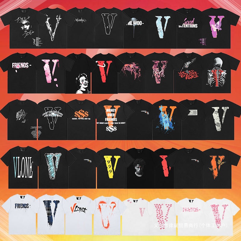 Cross-Border Foreign Order Vlone Fog Trendy Brand Large V Letter Logo Cherry Blossom Short-Sleeve Sketch Embroidery Lip Print Graffiti Print QC-foto från 1688 på Qualit.ly
