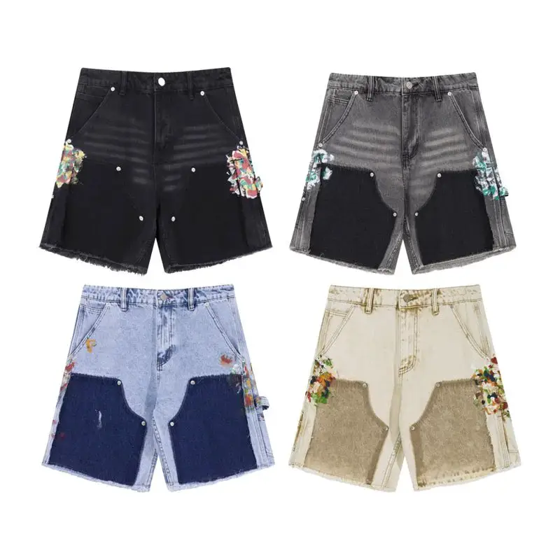 Splashing ink graffiti splicing design retro workwear casual denim shorts for men