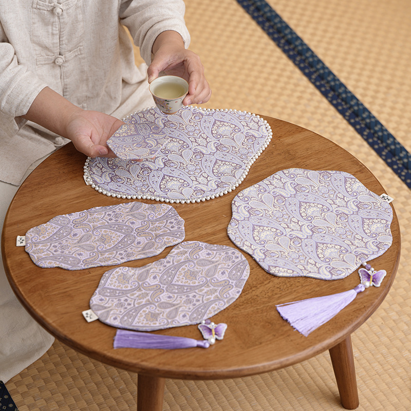 Brocade Fabric Tea Mat for Home Use, Heat-Insulating and Anti-Scalding Mat for Tea Table, Tea Ceremony, Twilight Purple Stripes, Double-Sided