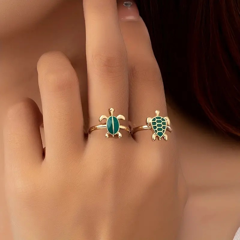 Two Cute Turtles Stacked Rings Plated with 14K Gold Design Versatile Summer Ocean Style Ring Set Ring