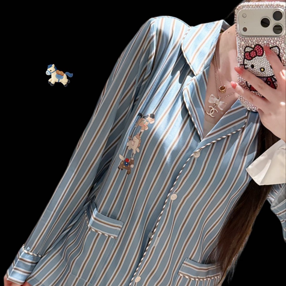 Korean-Style Striped Pony Print Simple and Stylish Long-Sleeved Loose Loungewear That Can Be Worn Outside