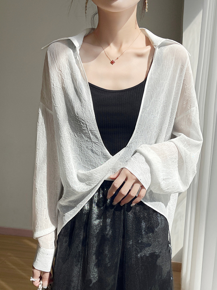 Shirt Women's Summer Long-sleeved High-end Textured White Blouse Loose plus size Kink Elegant Thin Sunscreen Top