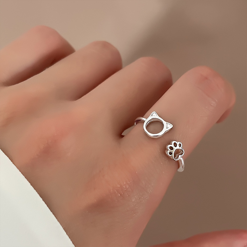 Ancient Cat Ning Japan and Korea Hollow Kitty Diamond-encrusted Index Finger Ring Female Girlfriend Animal Cute Cat Claw Ring New
