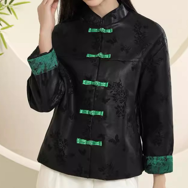 All-Net Low Price Spring and Autumn New Chinese Style National Style Leather Coat Women's Tang Coat with Buckle and Vertical Collar Short Vintage Upper Clothes