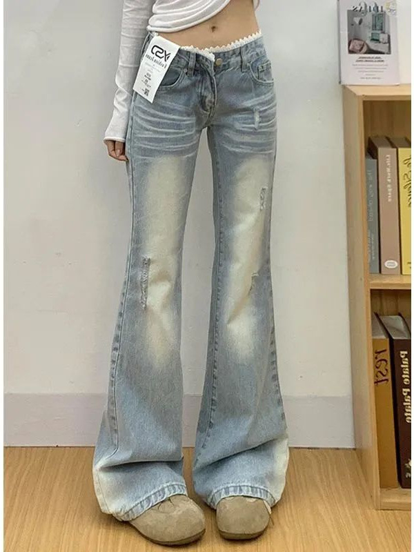 Vintage-Style Lace Patchwork Flared Jeans for Women, New Low-Waist Loose Fit, Super Slimming, Versatile, Floor-Length Pants