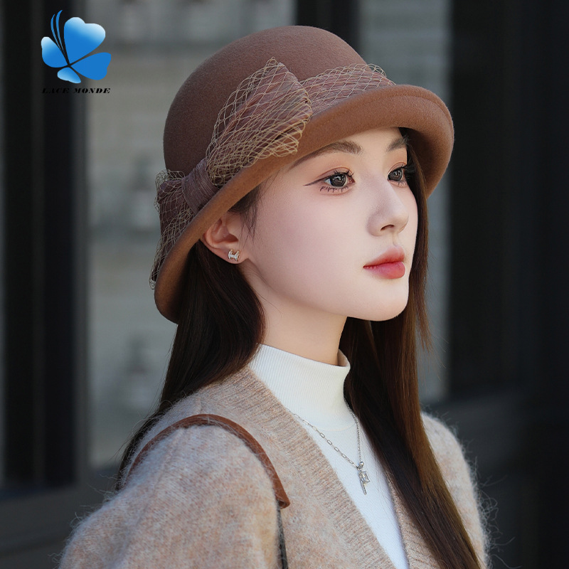 Autumn and winter new French curled wool hat women's high-end silk linen bow gauze net elegant felt hat wholesale
