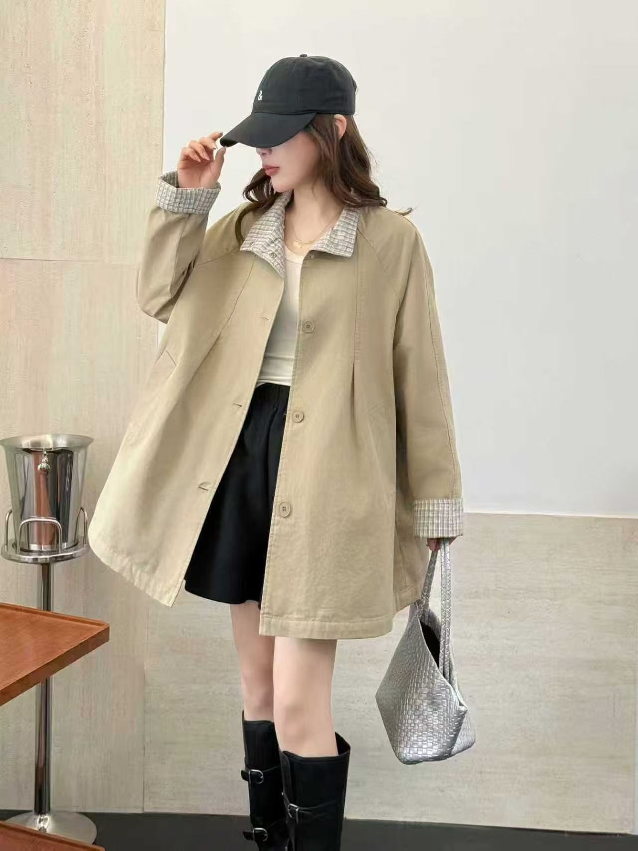 26 Spring Style Windbreaker Jacket, Washed Cotton Mid-Length Jacket, Loose Casual Korean Style Color-Blocked Plaid Jacket