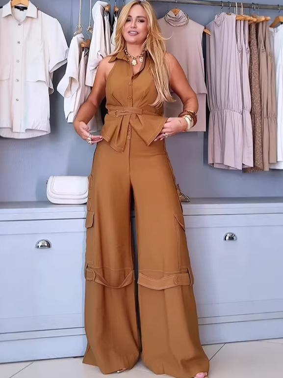 2026 Spring New Foreign Trade Style European and American Amazon High-End Sleeveless Flared Pants Two-Piece Set with Waist-Cinching Design