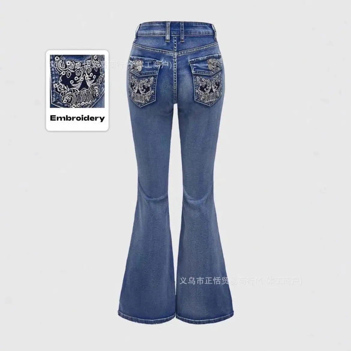European and American Cross-Border Fashion Embroidered Temperament Commuter Trendy Personality Jeans High-Waisted Elastic Button Trendy Flared Pants