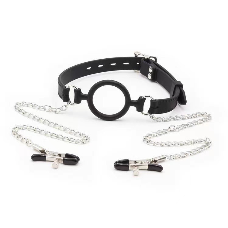 Female masturbation silicone mouth ring with chain breast clip adult mouth plug binding silicone ring flirting sex toys