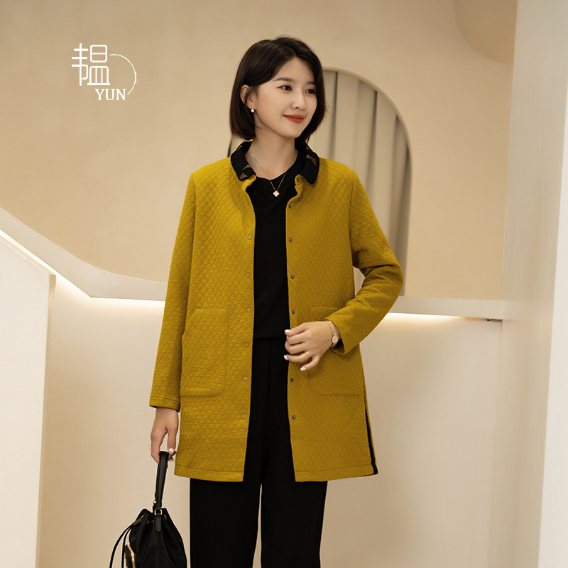 YUN YUN Autumn New Japanese Quilted Cotton Jacquard Lace Collar Mid-length Jacket Loose Baseball Dress for Women
