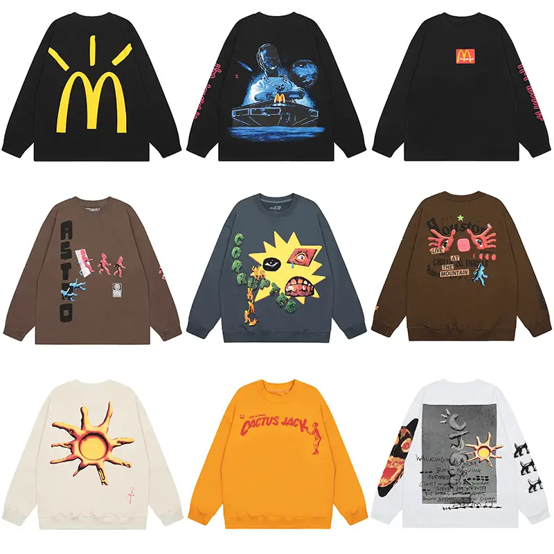Travis Scott Sweatshirt Ts Mcdonald's Collaboration Hip-Hop High Street Printed Letter Unisex Crew Neck Long Shirt Trendy