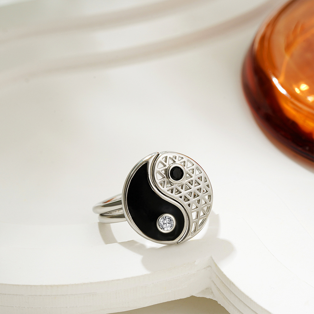 Hip-Hop Tai Chi Bagua Open Ring Black Zircon Oil-Drip Ring Couple Rings Index Finger Ring European and American Cross-Border Jewelry