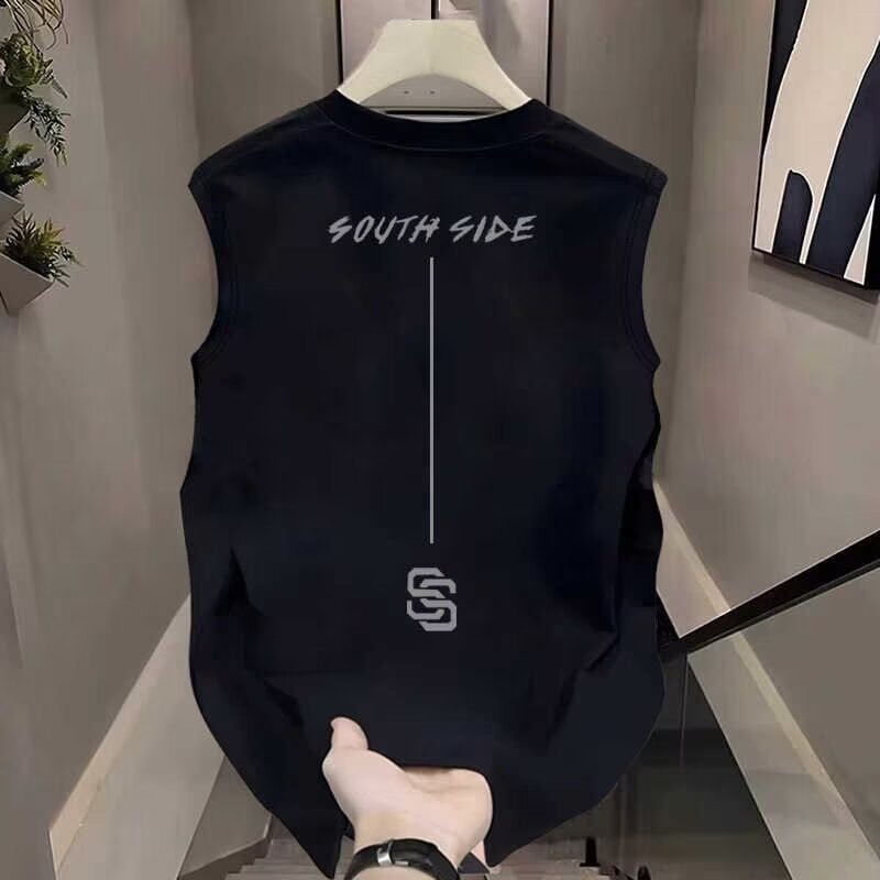 Pure Cotton Vest Men's Summer Ice Silk American Fitness Sports Black Heavy Outer Sleeveless T-Shirt Men's Style