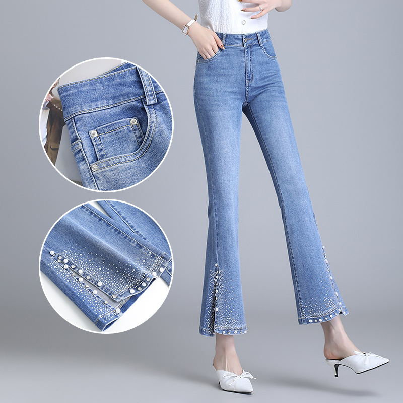 2024 Summer Thin with Diamond Pearl Denim Micro Horn Cropped Pants Women's Dipping Fashionable Slimming Split Horned Pants