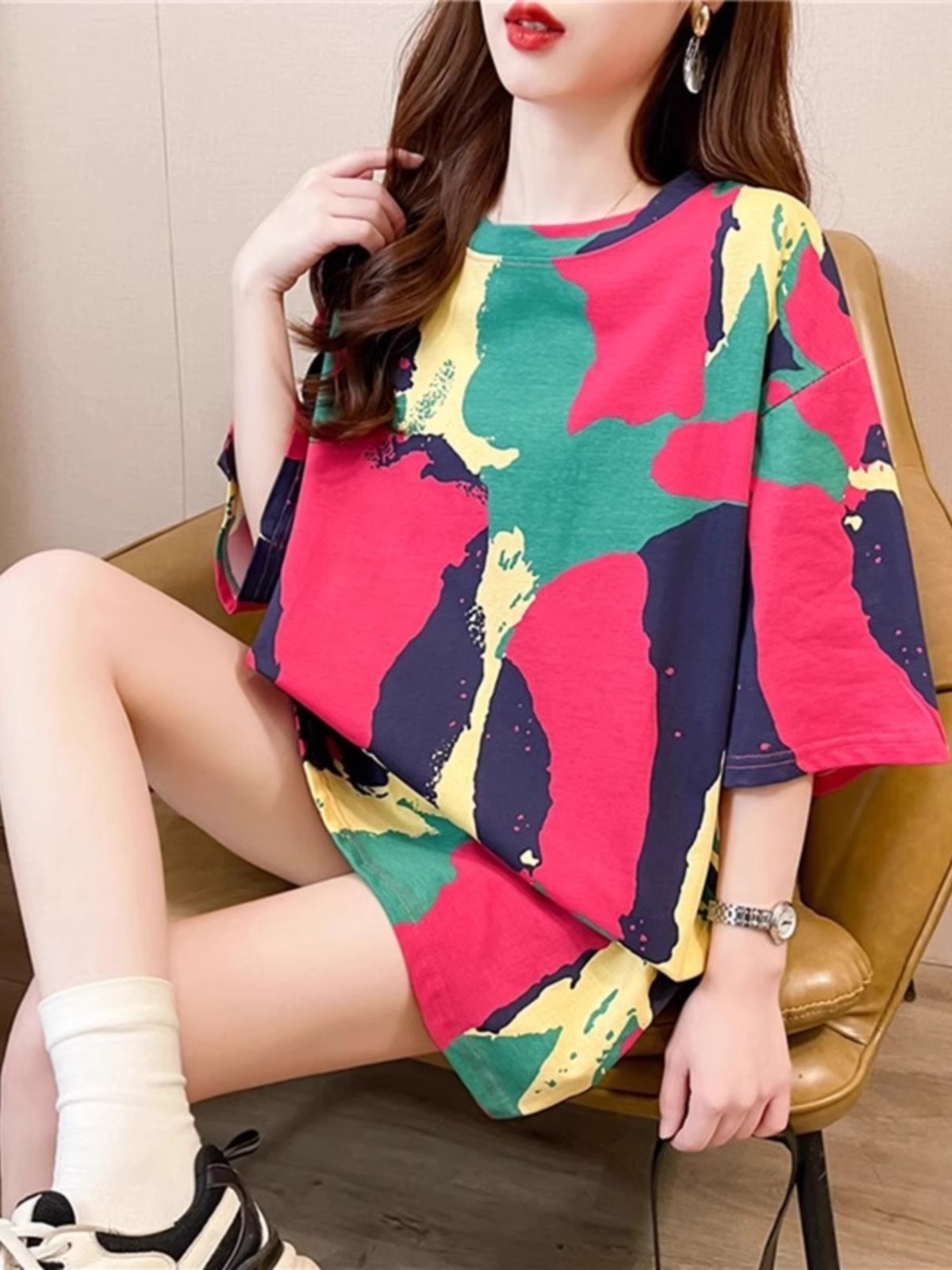 2026 Summer New Tie-Dye Color-Blocking Printed Loose Mid-Length Trendy Fashion Top American Style Short-Sleeve T-Shirt for Women