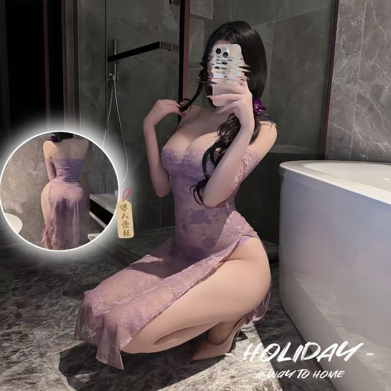 Su's New Sexy Lingerie, New Sexy Lace Long Skirt Uniform, Purple Dress, Pure Lust Pajamas Set