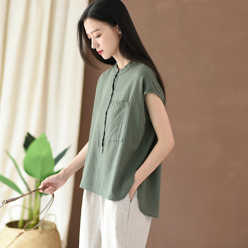 2026 Summer New Cotton and Linen Women's Clothing, Artistic Loose-Fitting Stand-Up Collar Linen Top, Women's Short-Sleeved Shirt T-Shirt