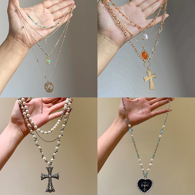 Zircon Cross Pearl Necklace Cross-Border Popular Retro Clavicle Chain Light Luxury High-End Temperament Jewelry Wholesale for Women